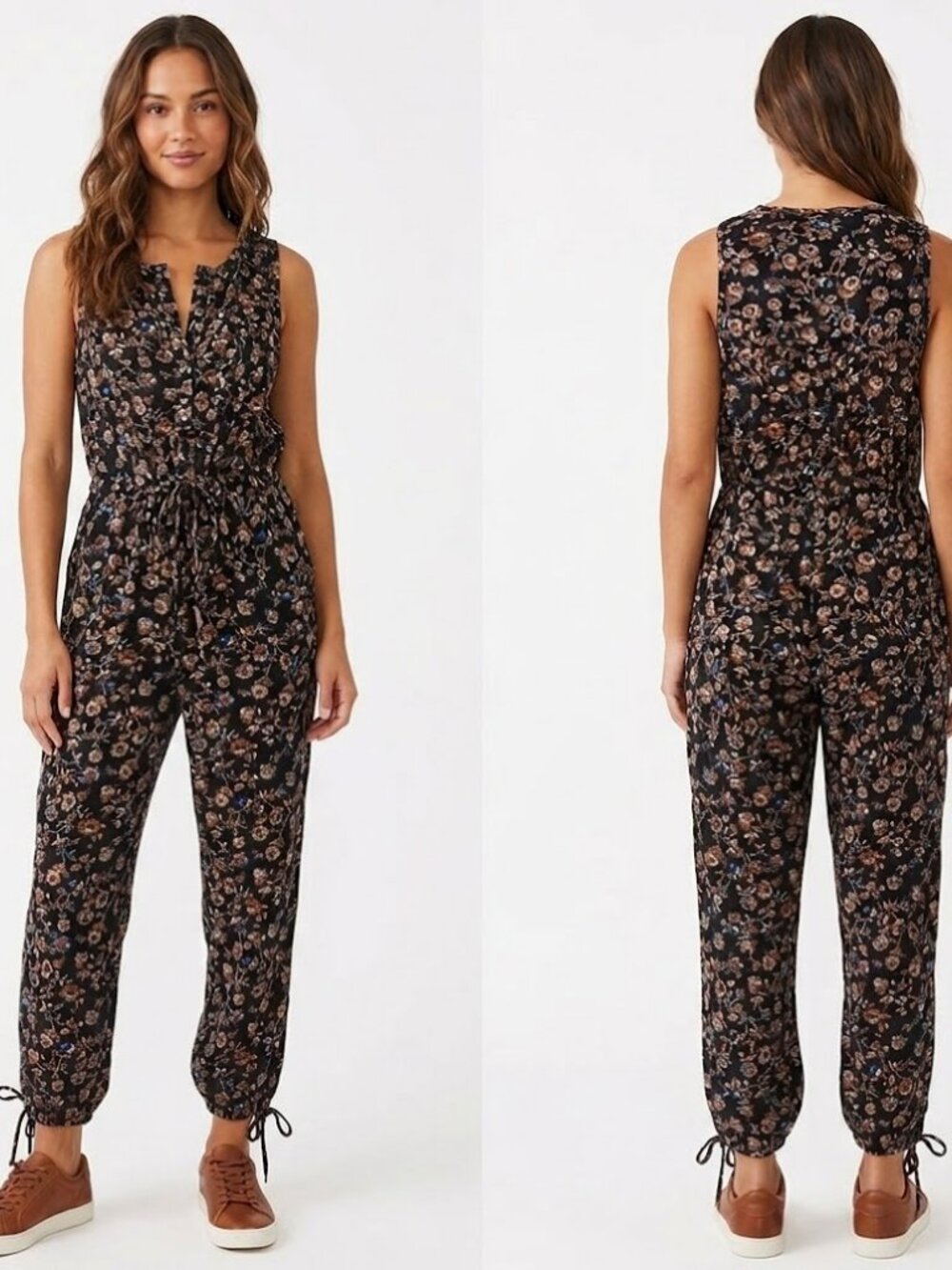 FREE PEOPLE Samara BOHO Black Floral Women's Jumpsuit Tapered Leg L